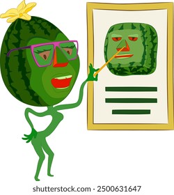 Cartoon watermelon with glasses holding pointer in his hand. Vector illustration of cartoon watermelon character with glasses holding pointer in his hand, pointing at picture.