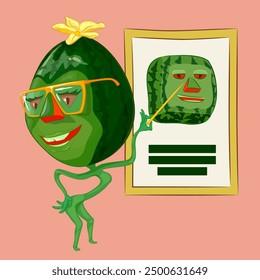 Cartoon watermelon with glasses holding pointer in his hand. Vector illustration of cartoon watermelon character with glasses holding pointer in his hand, pointing at picture.