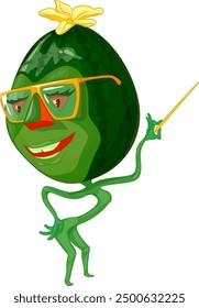 Cartoon watermelon with glasses holding pointer in his hand. Vector illustration of cartoon watermelon character with glasses holding pointer in his hand.