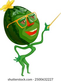 Cartoon watermelon with glasses holding pointer in his hand. Vector illustration of cartoon watermelon character with glasses holding pointer in his hand.