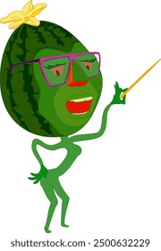 Cartoon watermelon with glasses holding pointer in his hand. Vector illustration of cartoon watermelon character with glasses holding pointer in his hand.