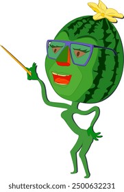 Cartoon watermelon with glasses holding pointer in his hand. Vector illustration of cartoon watermelon character with glasses holding pointer in his hand.