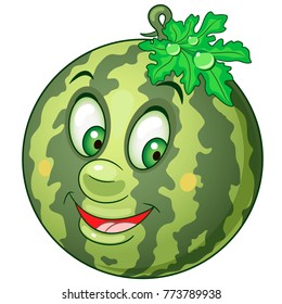 Cartoon Watermelon. Happy Fruit and Berry symbol. Eco Food icon. Emoji expression. Design element for kids coloring book, colouring page, t-shirt print, logo, label, patch or sticker.