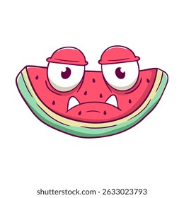 Cartoon watermelon. The watermelon has a mouth with teeth and is looking angry