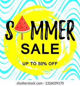 Cartoon watermelon ice cream. Text - Summer Sale . Up to 50 off. Vector illustration. Vector