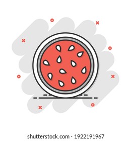 Cartoon watermelon icon in comic style. Juicy ripe fruit sign illustration pictogram. Dessert splash business concept.