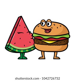 Cartoon Watermelon Kissing Hamburger