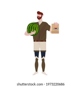 Cartoon watermelon and man in funny clothes. Flat vector illustration, food market delivery. The Courier. Parcel with slice of watermelon. Summer fruit. Unusual flat smiling man in soccer underpants.