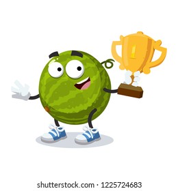 cartoon watermelon mascot holds the number one cup on white background