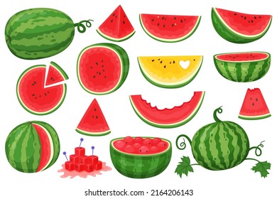 Cartoon watermelon. Natural healthy product, diet juicy fruit. Whole, pieces and sliced, green leaves, fresh semicircles with seeds, sweet flavour exotic product, summer food vector set