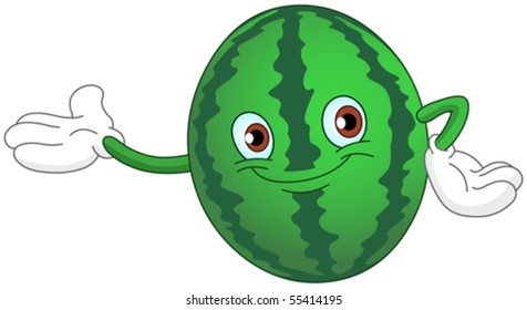 Cartoon watermelon presenting with his hand