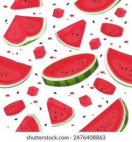 Cartoon watermelon seamless pattern. Juicy fruit. Fresh slices and cubes. Berry pieces. Vegan diet. Summer beach food. Peel and sweet flesh with seeds. Refreshing juice