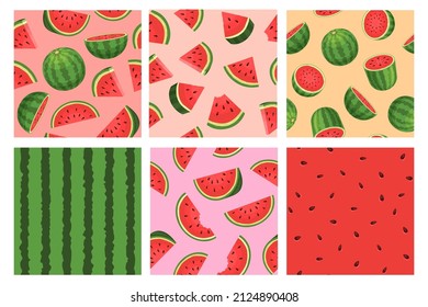 Cartoon watermelon seamless pattern, red texture with seeds. Tropic summer fruit slices and pieces. Watermelon green stripe print vector set. Illustration of watermelon seamless sweet