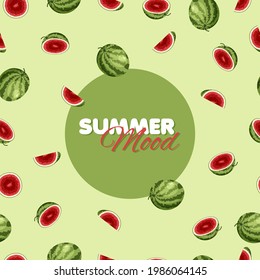 Cartoon watermelon seamless pattern. Summer banner concept. Green background. Vector illustration.