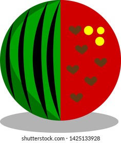 cartoon watermelon with seeds in the form of hearts half peeled and the other covered with peel concept of summer and fruit