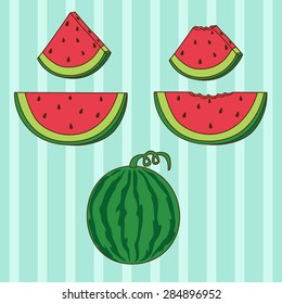 Cartoon watermelon set in vector EPS10. Including whole watermelon, small slice whole and bitten, big slice whole and bitten. Also including light blue stripes seamless background.