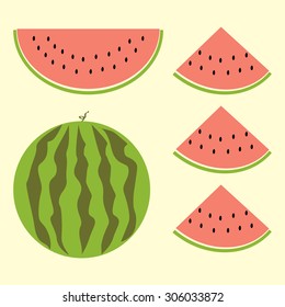 Cartoon watermelon set in vector EPS10. Whole watermelon, small slice whole.