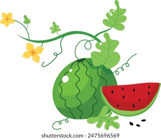 Cartoon watermelon slice beside whole fruit, vibrant summer food illustration. Watermelon vine flowers leaves, fresh ripe fruit drawing. Green pink cut piece cartoon style