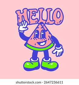 Cartoon watermelon slice character with a friendly face and “HELLO” text. Ideal for fun communication graphics, stickers, or summer-themed prints.