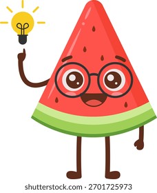 Cartoon Watermelon Slice Character with Idea Flat Illustration