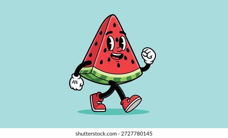 Ein Cartoon Wassermelone Slice Charakter, der mit einem Lächeln geht.