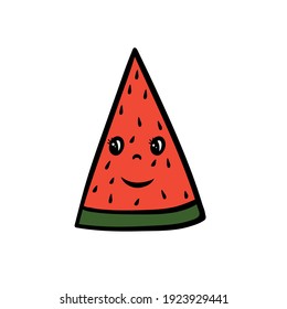 Cartoon watermelon slice with eyes and smile. Vector illustration.