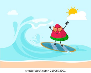 Cartoon Watermelon Slice mit einer Schlucht, die auf Surfbrett auf Flusshintergrund trägt.