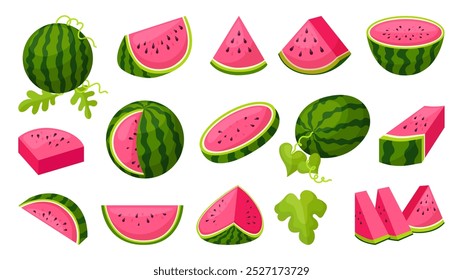 Cartoon watermelon. Slices cut watermelons, dessert diet fruits. Fresh tropical berries sweet healthy vegan food. Harvest time, neoteric vector set