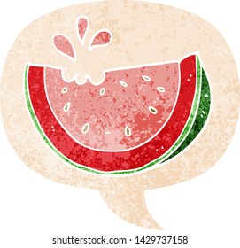 cartoon watermelon with speech bubble in grunge distressed retro textured style