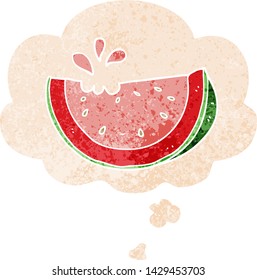 cartoon watermelon with thought bubble in grunge distressed retro textured style