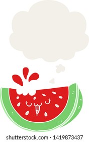 cartoon watermelon with thought bubble in retro style