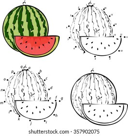 Cartoon watermelon. Vector illustration. Coloring and dot to dot educational game for kids