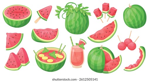 Cartoon watermelon. Water melon summer diet fruit, half watermelons quarter cut or bite slices fresh juice glass healthy food sweet red berry delicious set neat vector illustration original artwork
