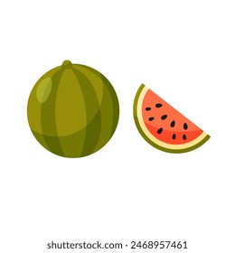 Cartoon watermelon, whole and half. Sliced watermelon illustration. Healthy diet food