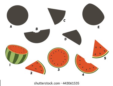 Cartoon watermelon.Find the right shadow image. Educational games for kids.Vector stock illustration