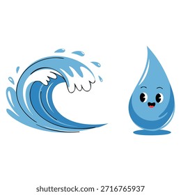 Ilustración vectorial de salpicadura de agua de la onda de la historieta con la gota de la espuma y la cara sonriente perfecta para el mar, el océano, el agua, o los conceptos divertidos y juguetones del diseño