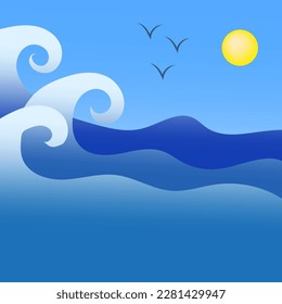 cartoon waves sun birds. Summer vacation. Travel background. Vector illustration.