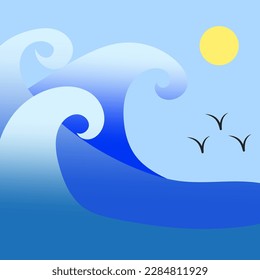 cartoon waves sun. Travel background. Vector illustration.