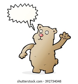 cartoon waving bear with speech bubble