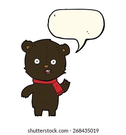 cartoon waving black bear cub with scarf with speech bubble