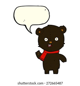 cartoon waving black bear cub with scarf with speech bubble