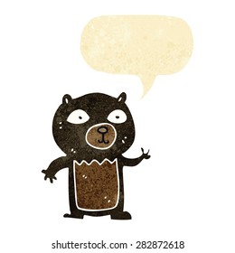 cartoon waving black bear cub with speech bubble