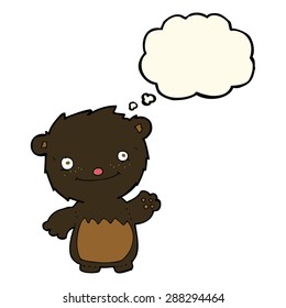 cartoon waving black bear cub with thought bubble
