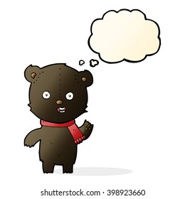 cartoon waving black bear cub with scarf with thought bubble