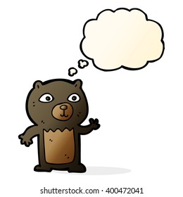 cartoon waving black bear cub with thought bubble