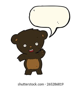 cartoon waving black bear with speech bubble