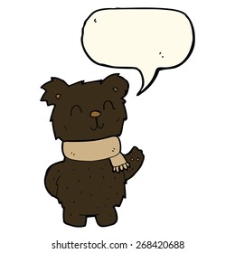 cartoon waving black bear with speech bubble