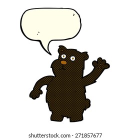 cartoon waving black bear with speech bubble