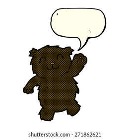 cartoon waving black bear with speech bubble
