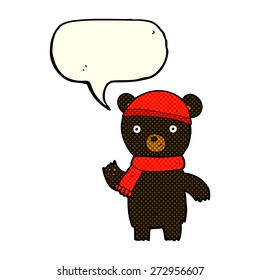 cartoon waving black bear with speech bubble